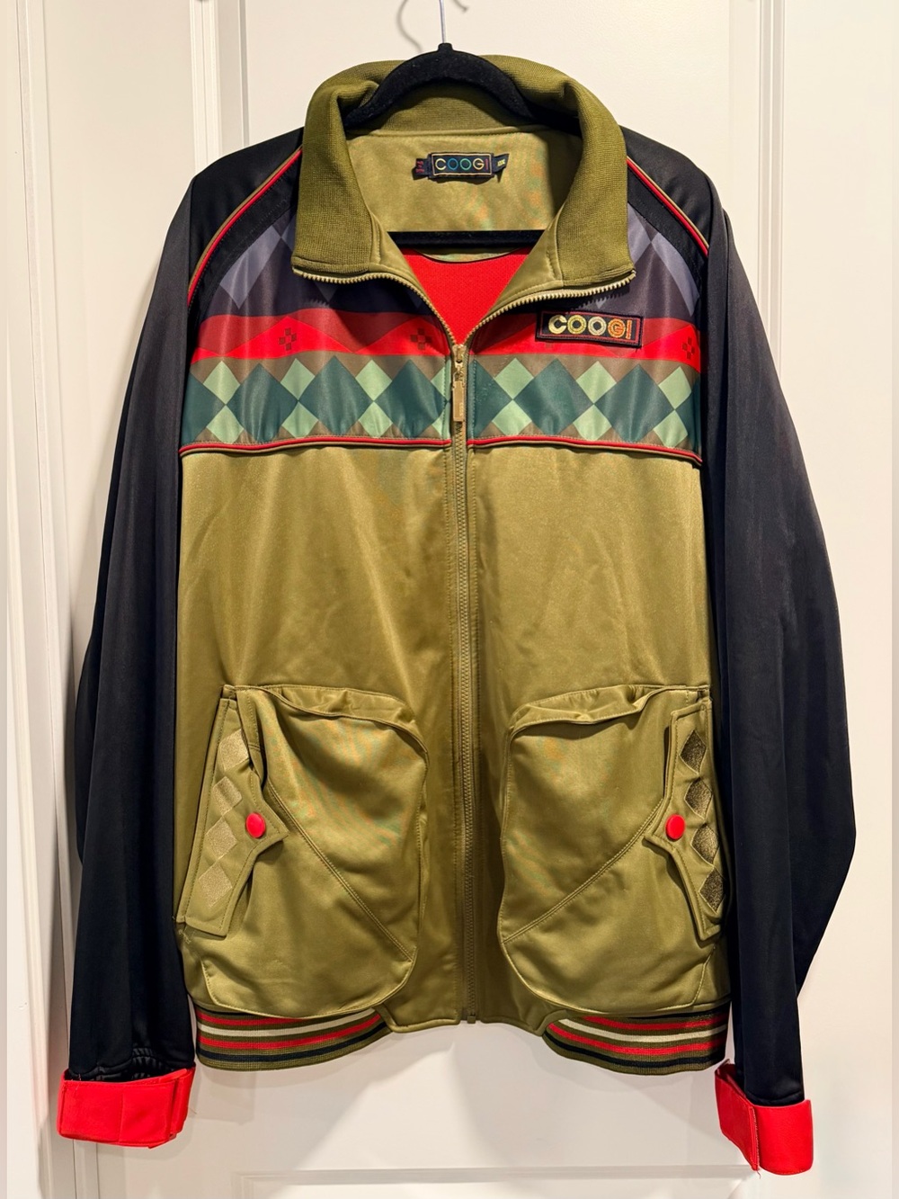 VINTAGE COOGI Y2K Argyle Track Jacket Olive Green Red Hip Hop Big & Tall 3XL